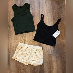 Brandy Melville- Cupid Boy shorts, Green connor tank, Black built-in bra tank